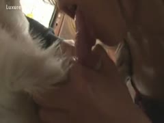An elderly, sultry dog lover cannot survive without consuming dog ramrod.